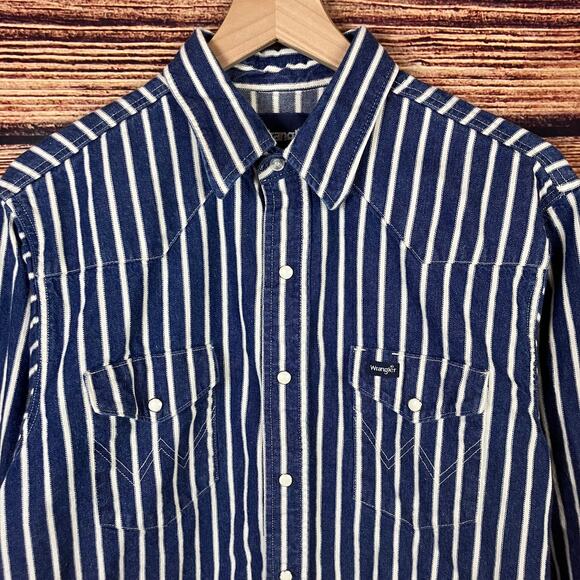 Vintage 1990s Wrangler Brushpopper Pinstripe Denim Pearl Snap Shirt - Picture 3 of 8